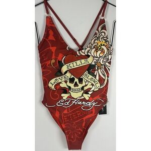 Ed Hardy Love Kills Slowly One Piece Swimsuit Red Skull Heart Tattoo Print Small